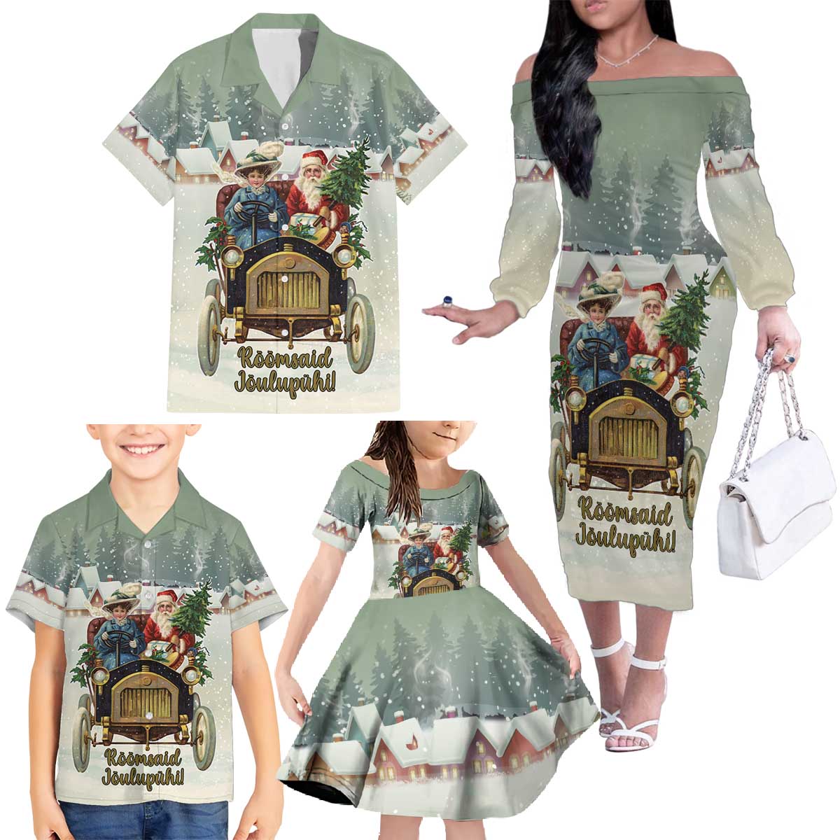 Estonia Christmas Family Matching Off The Shoulder Long Sleeve Dress and Hawaiian Shirt Roomsaid Joulupuhi - Wonder Print Shop