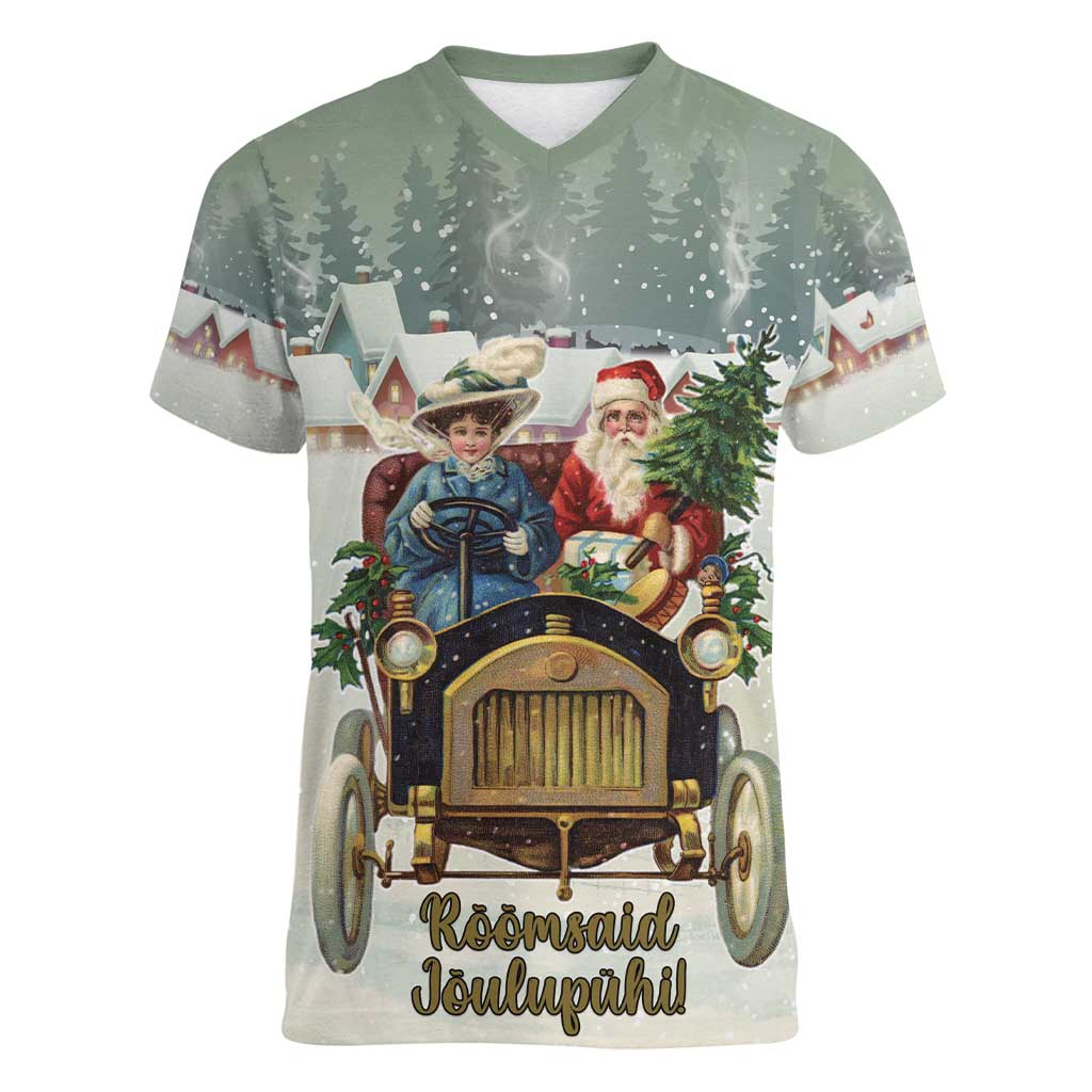 Estonia Christmas Women V-Neck T-Shirt Roomsaid Joulupuhi - Wonder Print Shop