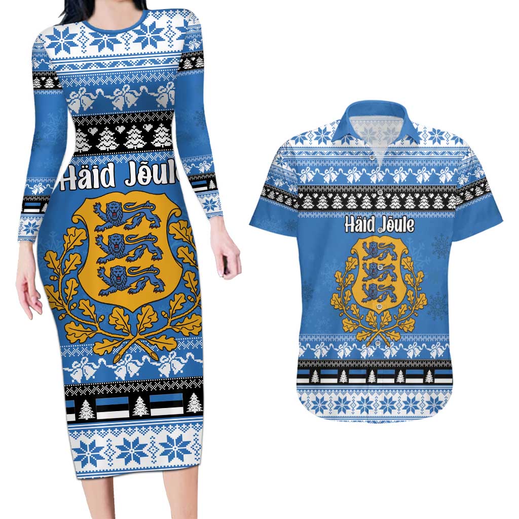 Estonia Christmas Couples Matching Long Sleeve Bodycon Dress and Hawaiian Shirt Coat Of Arms Haid Joule - Wonder Print Shop