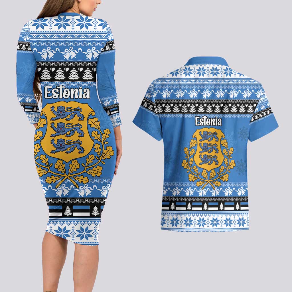 Estonia Christmas Couples Matching Long Sleeve Bodycon Dress and Hawaiian Shirt Coat Of Arms Haid Joule - Wonder Print Shop