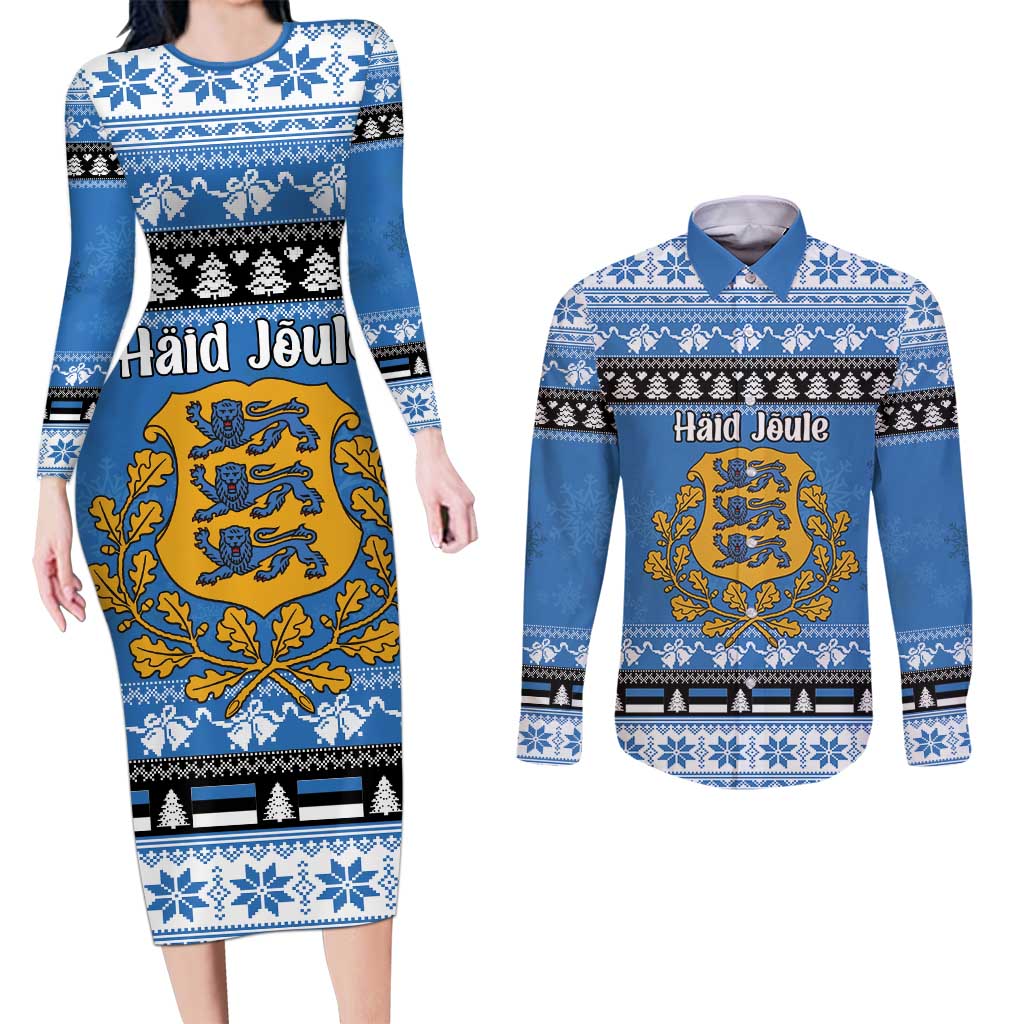 Estonia Christmas Couples Matching Long Sleeve Bodycon Dress and Long Sleeve Button Shirt Coat Of Arms Haid Joule - Wonder Print Shop
