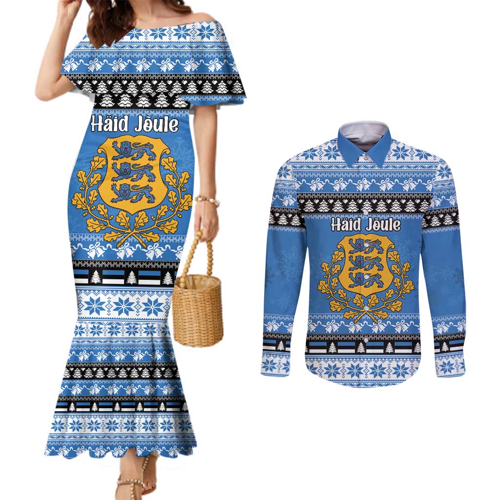 Estonia Christmas Couples Matching Mermaid Dress and Long Sleeve Button Shirt Coat Of Arms Haid Joule - Wonder Print Shop