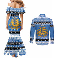 Estonia Christmas Couples Matching Mermaid Dress and Long Sleeve Button Shirt Coat Of Arms Haid Joule - Wonder Print Shop