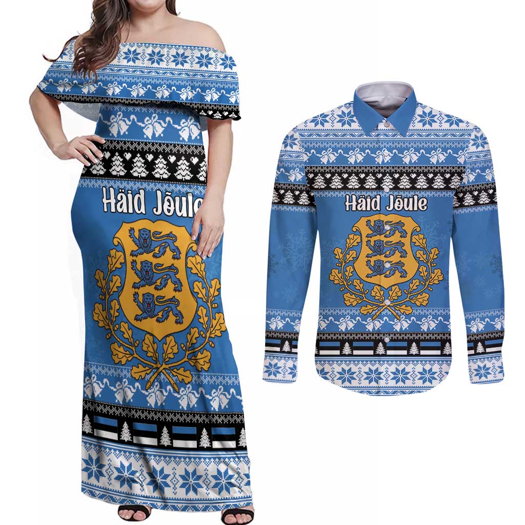 Estonia Christmas Couples Matching Off Shoulder Maxi Dress and Long Sleeve Button Shirt Coat Of Arms Haid Joule - Wonder Print Shop