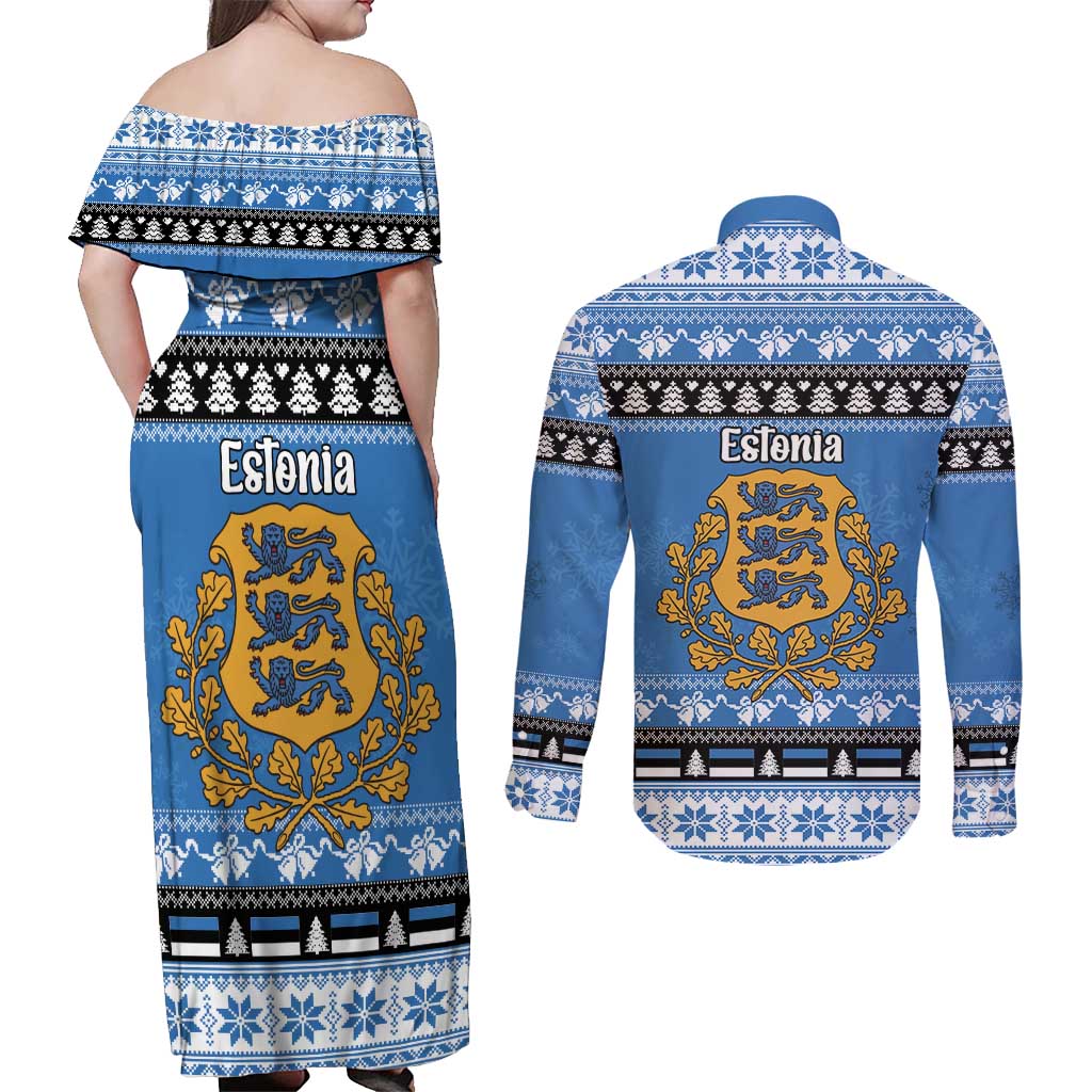 Estonia Christmas Couples Matching Off Shoulder Maxi Dress and Long Sleeve Button Shirt Coat Of Arms Haid Joule - Wonder Print Shop