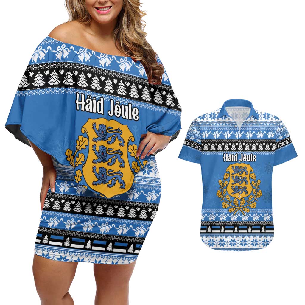 Estonia Christmas Couples Matching Off Shoulder Short Dress and Hawaiian Shirt Coat Of Arms Haid Joule - Wonder Print Shop