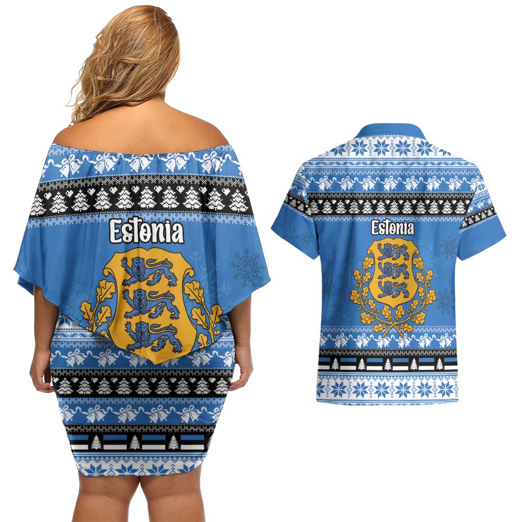 Estonia Christmas Couples Matching Off Shoulder Short Dress and Hawaiian Shirt Coat Of Arms Haid Joule - Wonder Print Shop