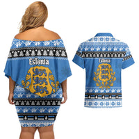 Estonia Christmas Couples Matching Off Shoulder Short Dress and Hawaiian Shirt Coat Of Arms Haid Joule - Wonder Print Shop