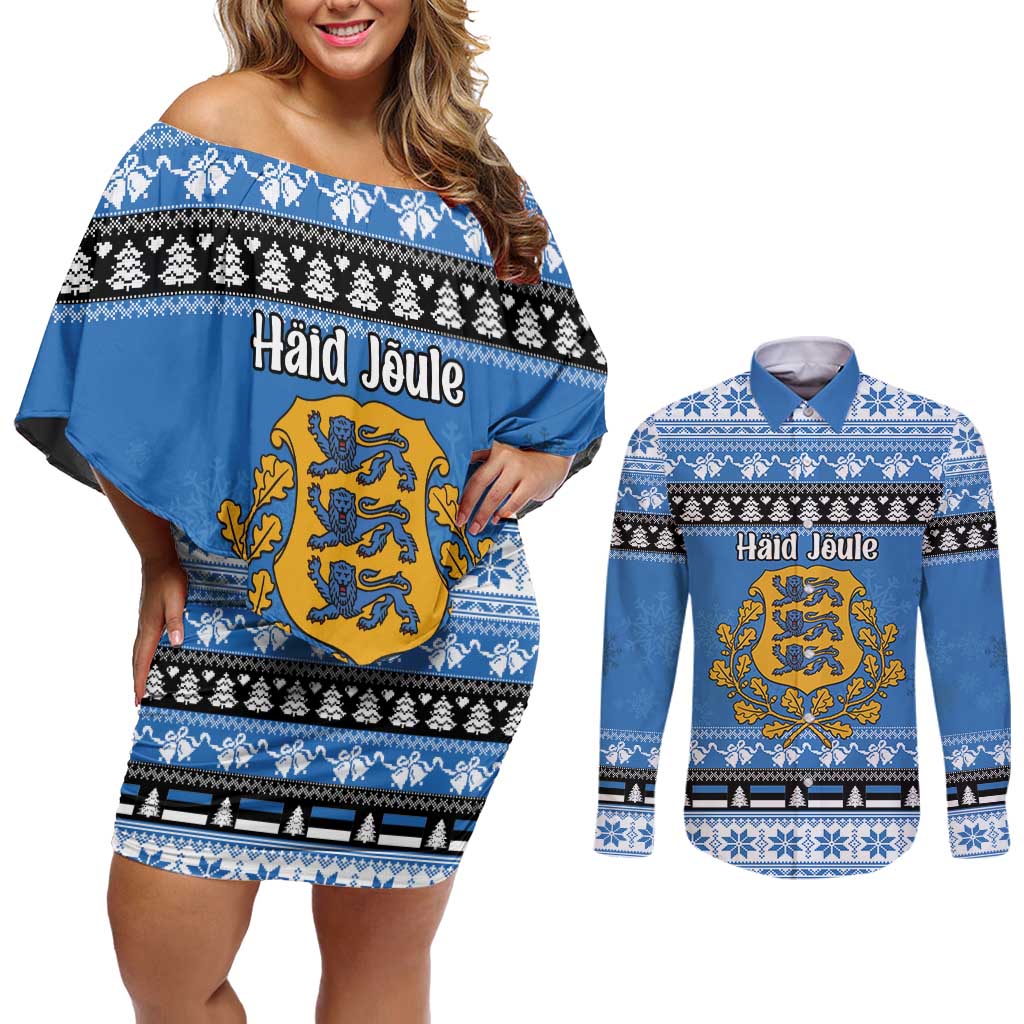 Estonia Christmas Couples Matching Off Shoulder Short Dress and Long Sleeve Button Shirt Coat Of Arms Haid Joule - Wonder Print Shop