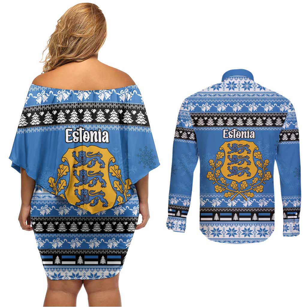 Estonia Christmas Couples Matching Off Shoulder Short Dress and Long Sleeve Button Shirt Coat Of Arms Haid Joule - Wonder Print Shop