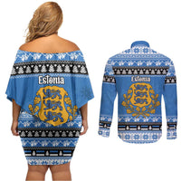 Estonia Christmas Couples Matching Off Shoulder Short Dress and Long Sleeve Button Shirt Coat Of Arms Haid Joule - Wonder Print Shop