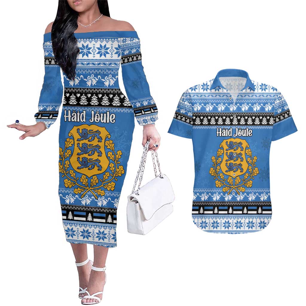 Estonia Christmas Couples Matching Off The Shoulder Long Sleeve Dress and Hawaiian Shirt Coat Of Arms Haid Joule - Wonder Print Shop
