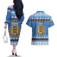 Estonia Christmas Couples Matching Off The Shoulder Long Sleeve Dress and Hawaiian Shirt Coat Of Arms Haid Joule - Wonder Print Shop