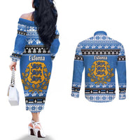 Estonia Christmas Couples Matching Off The Shoulder Long Sleeve Dress and Long Sleeve Button Shirt Coat Of Arms Haid Joule - Wonder Print Shop