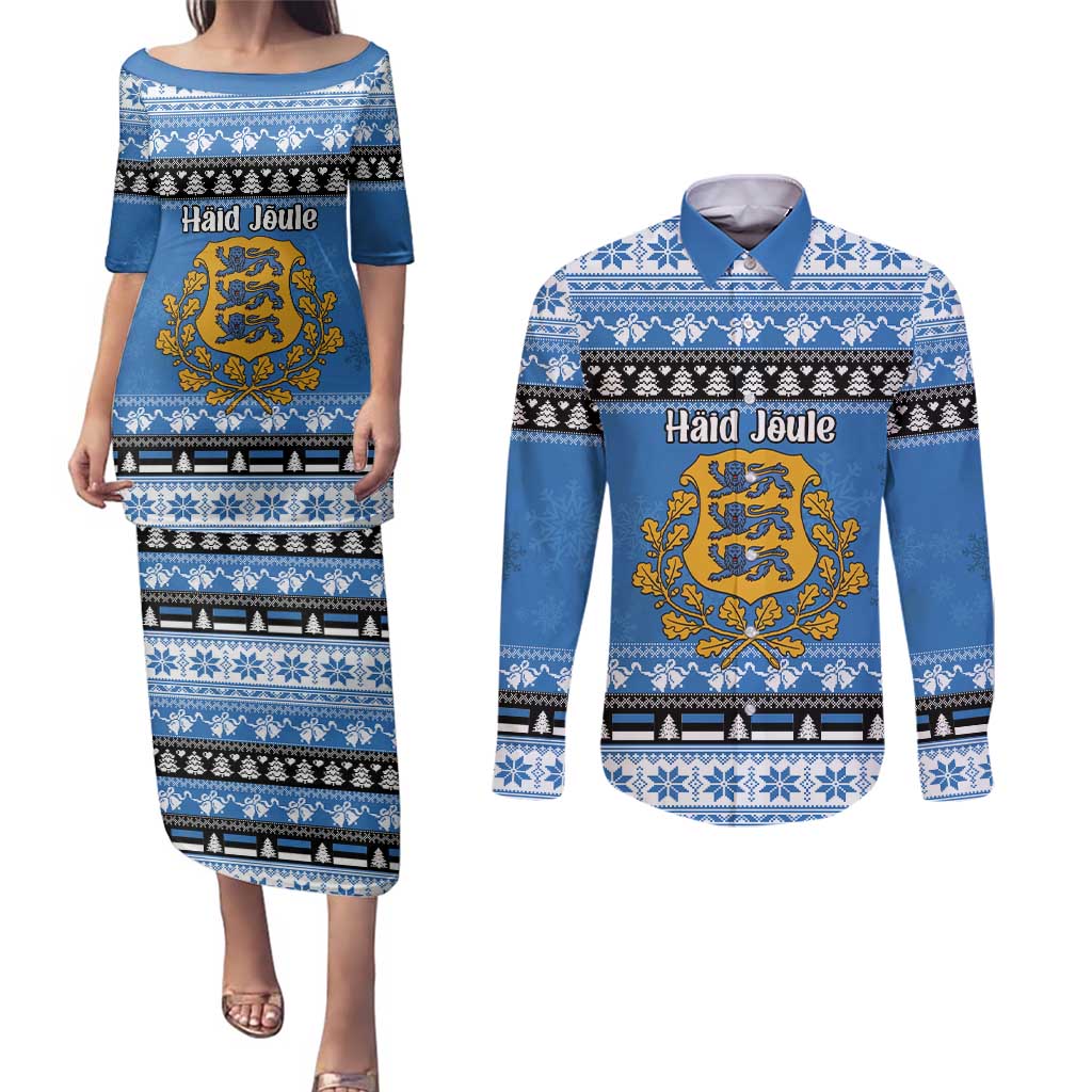 Estonia Christmas Couples Matching Puletasi and Long Sleeve Button Shirt Coat Of Arms Haid Joule - Wonder Print Shop
