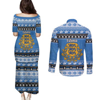 Estonia Christmas Couples Matching Puletasi and Long Sleeve Button Shirt Coat Of Arms Haid Joule - Wonder Print Shop