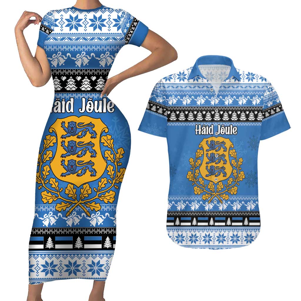 Estonia Christmas Couples Matching Short Sleeve Bodycon Dress and Hawaiian Shirt Coat Of Arms Haid Joule - Wonder Print Shop
