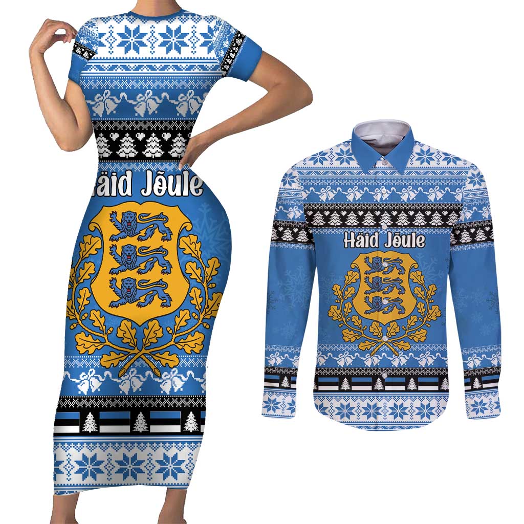 Estonia Christmas Couples Matching Short Sleeve Bodycon Dress and Long Sleeve Button Shirt Coat Of Arms Haid Joule - Wonder Print Shop