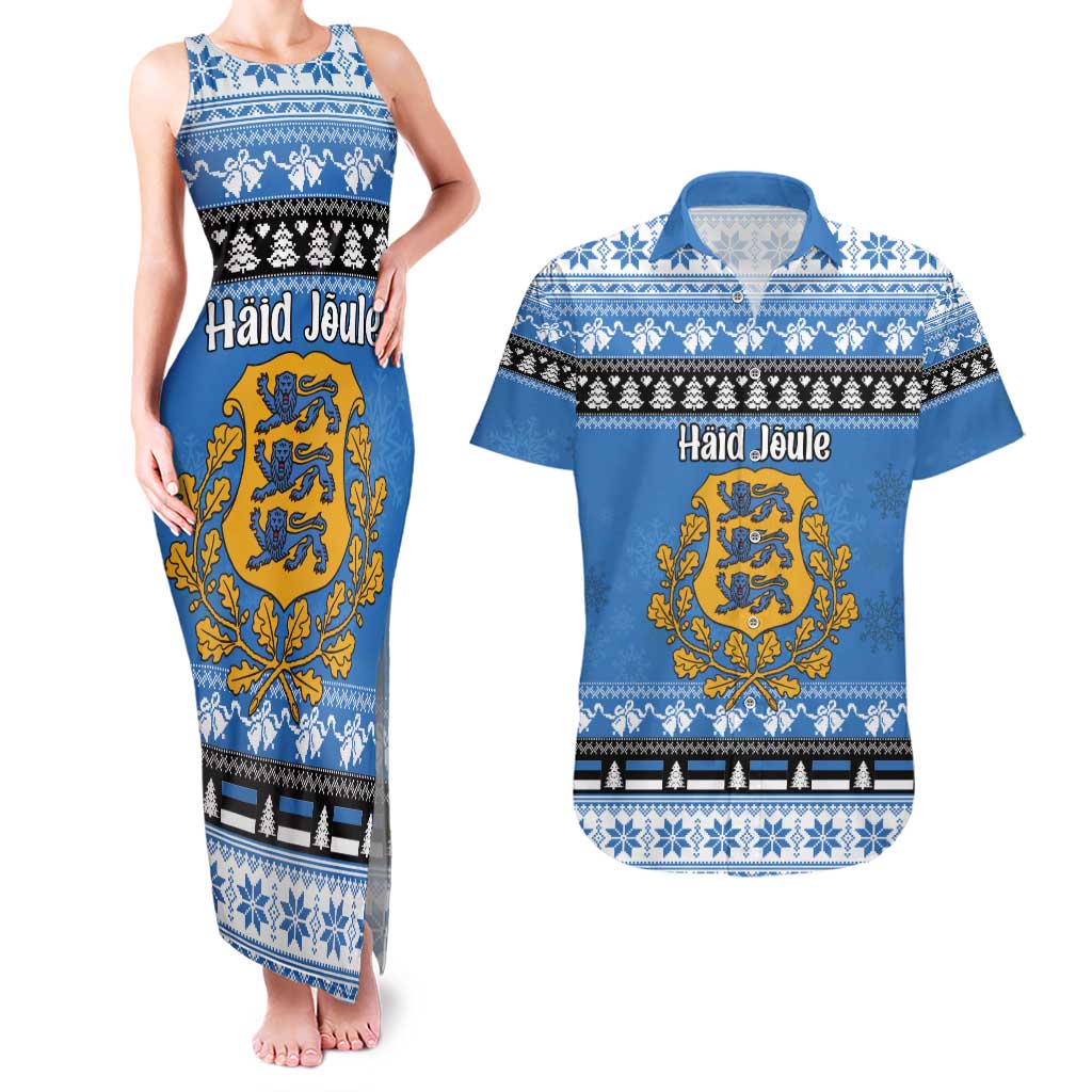Estonia Christmas Couples Matching Tank Maxi Dress and Hawaiian Shirt Coat Of Arms Haid Joule - Wonder Print Shop