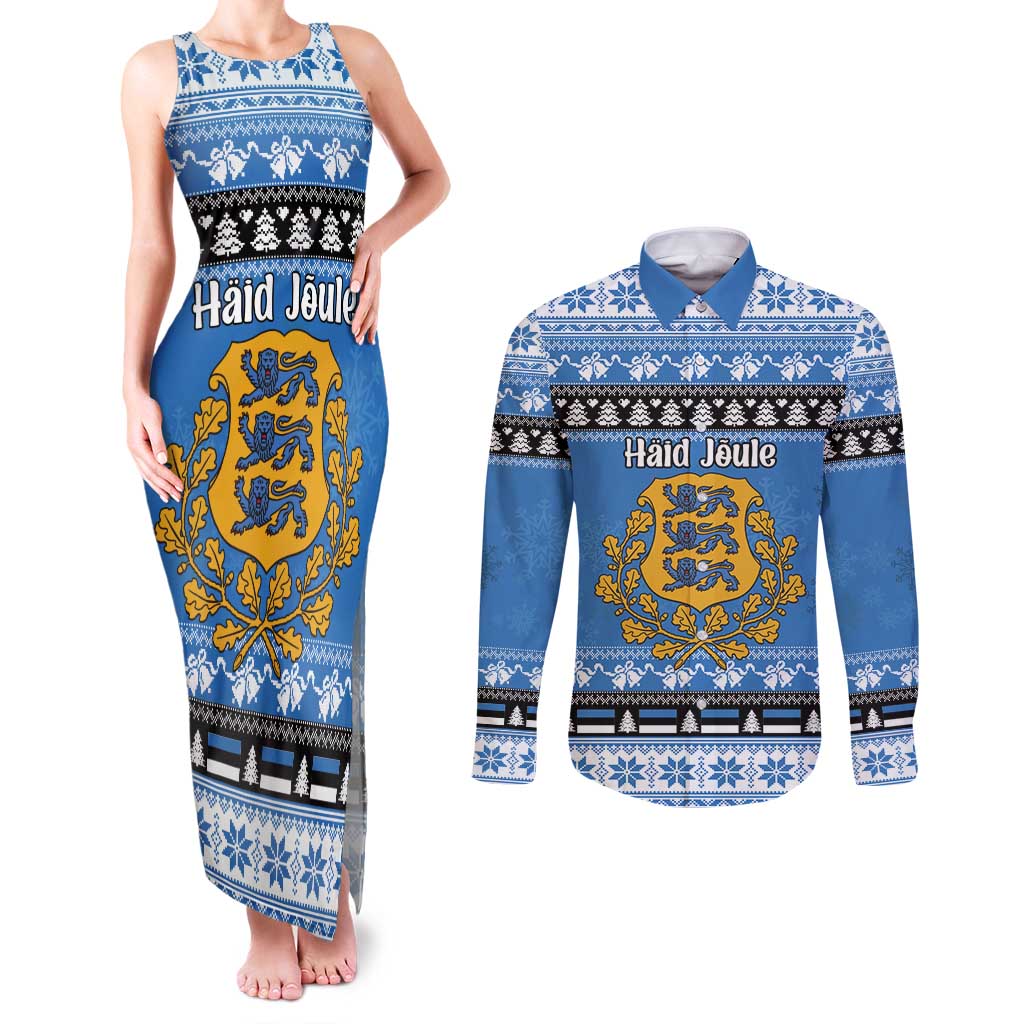 Estonia Christmas Couples Matching Tank Maxi Dress and Long Sleeve Button Shirt Coat Of Arms Haid Joule - Wonder Print Shop