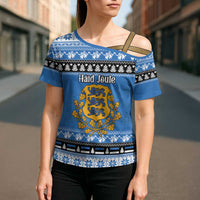Estonia Christmas Cross Shoulder Shirt Coat Of Arms Haid Joule - Wonder Print Shop