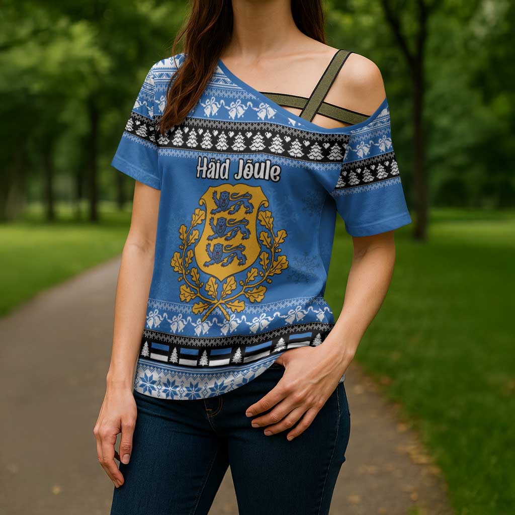 Estonia Christmas Cross Shoulder Shirt Coat Of Arms Haid Joule - Wonder Print Shop