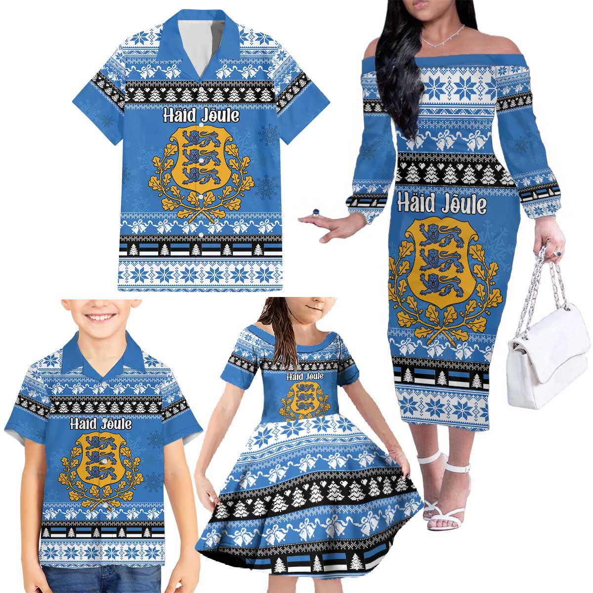 Estonia Christmas Family Matching Off The Shoulder Long Sleeve Dress and Hawaiian Shirt Coat Of Arms Haid Joule - Wonder Print Shop
