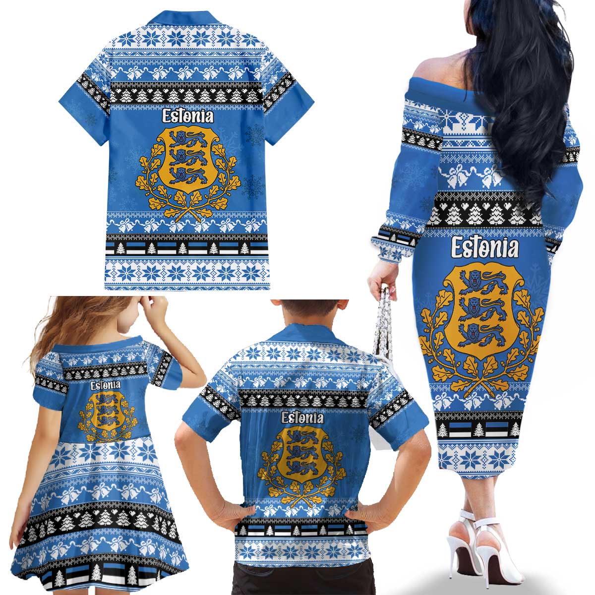 Estonia Christmas Family Matching Off The Shoulder Long Sleeve Dress and Hawaiian Shirt Coat Of Arms Haid Joule - Wonder Print Shop