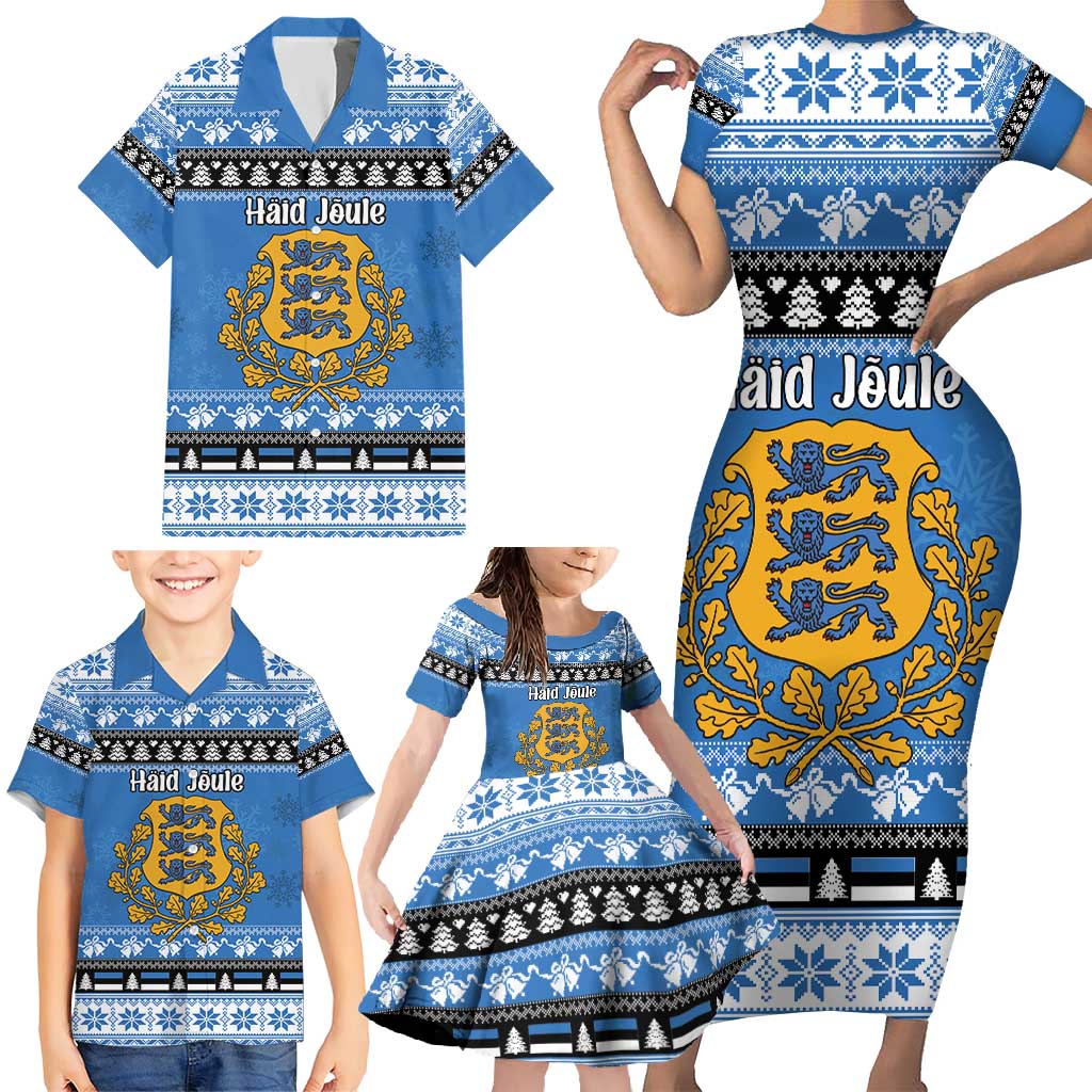 Estonia Christmas Family Matching Short Sleeve Bodycon Dress and Hawaiian Shirt Coat Of Arms Haid Joule - Wonder Print Shop