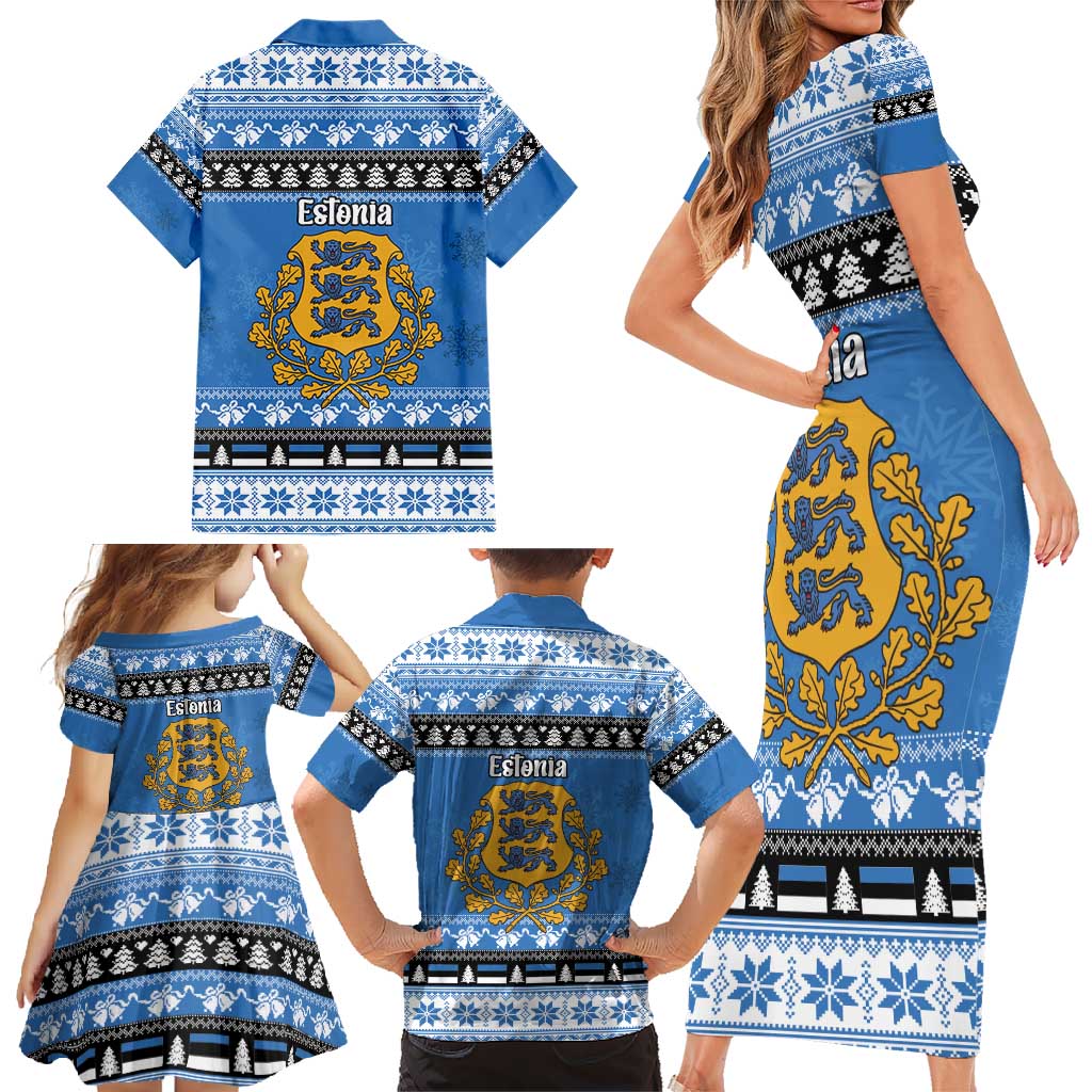 Estonia Christmas Family Matching Short Sleeve Bodycon Dress and Hawaiian Shirt Coat Of Arms Haid Joule - Wonder Print Shop