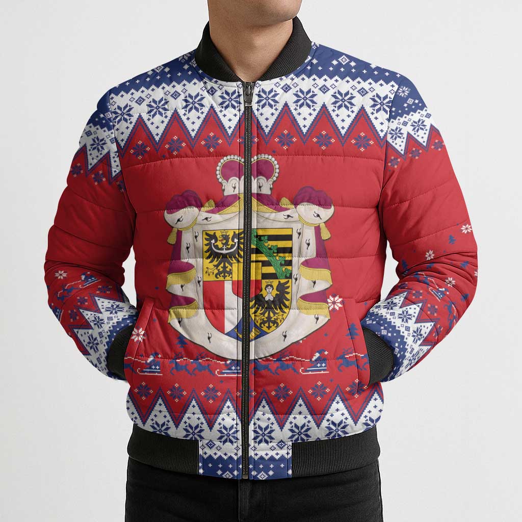 Liechtenstein Christmas Bomber Puffer Jacket Coat Of Arms Frohe Weihnachten - Wonder Print Shop