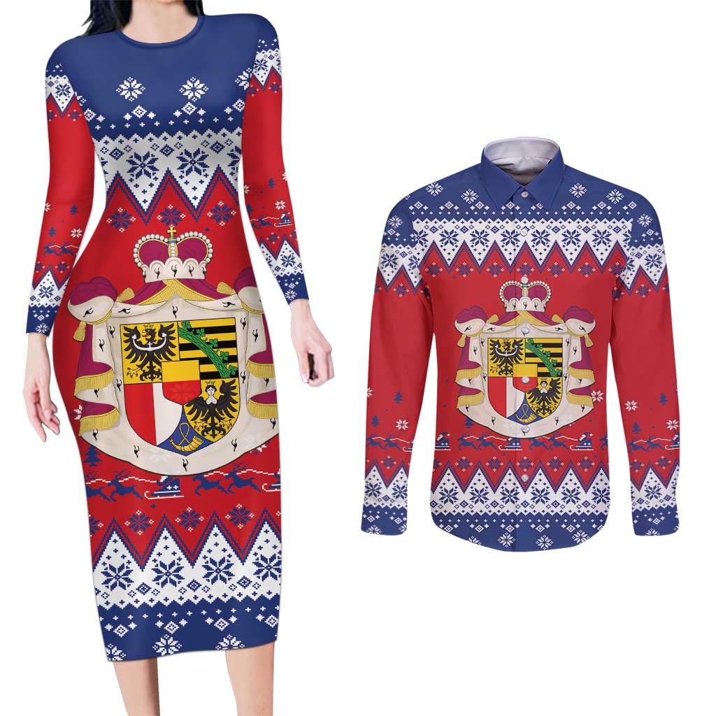 Liechtenstein Christmas Couples Matching Long Sleeve Bodycon Dress and Long Sleeve Button Shirt Coat Of Arms Frohe Weihnachten - Wonder Print Shop