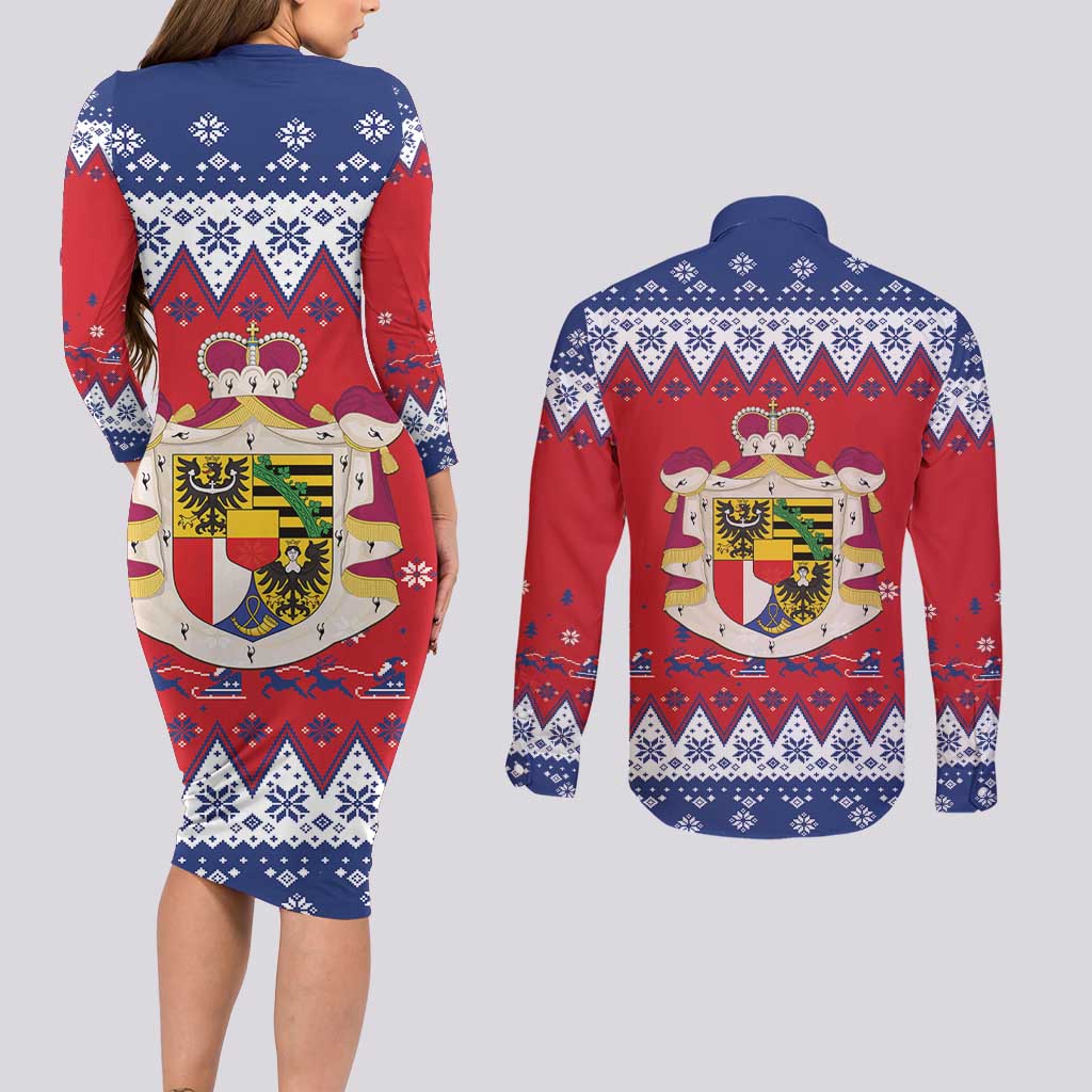 Liechtenstein Christmas Couples Matching Long Sleeve Bodycon Dress and Long Sleeve Button Shirt Coat Of Arms Frohe Weihnachten - Wonder Print Shop