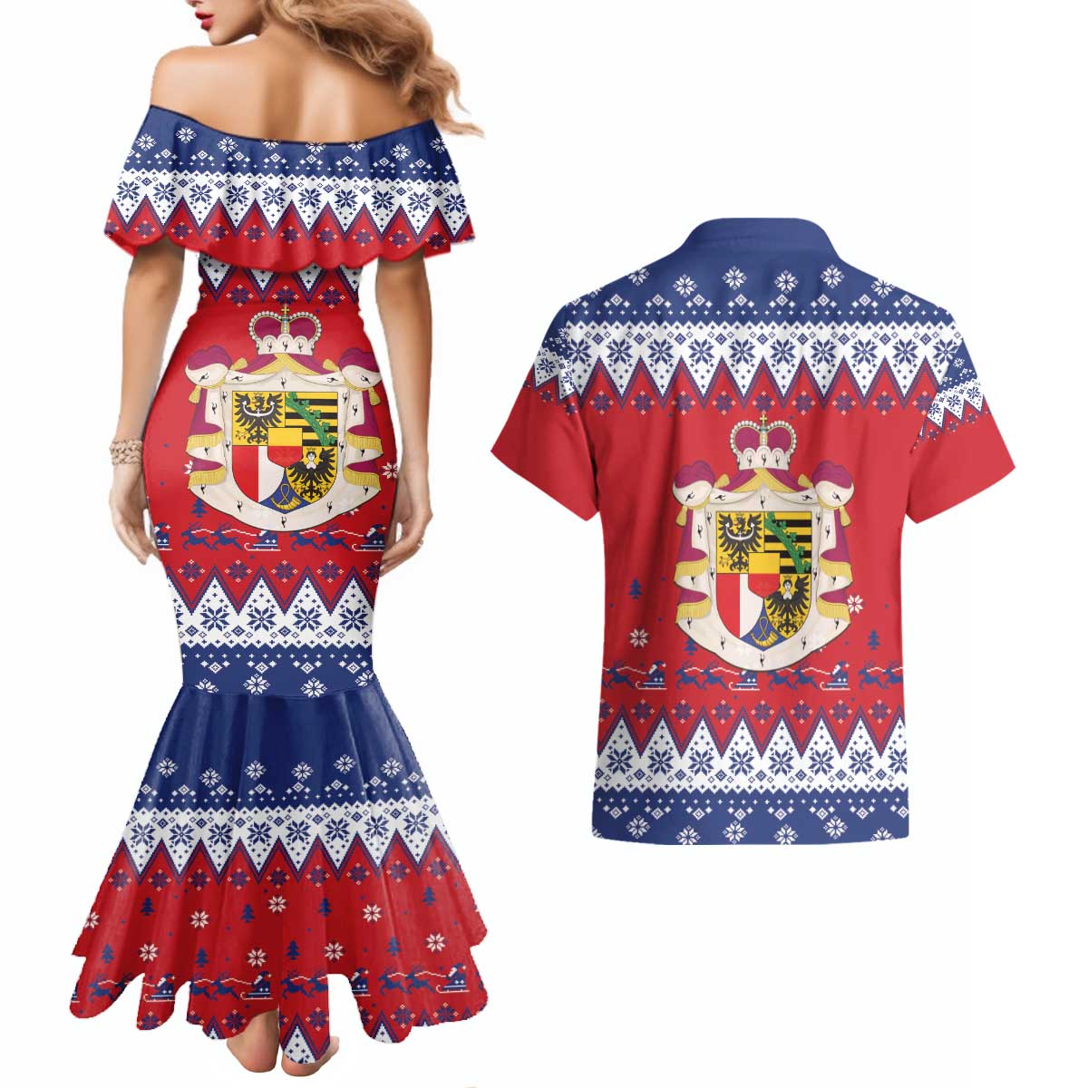 Liechtenstein Christmas Couples Matching Mermaid Dress and Hawaiian Shirt Coat Of Arms Frohe Weihnachten - Wonder Print Shop