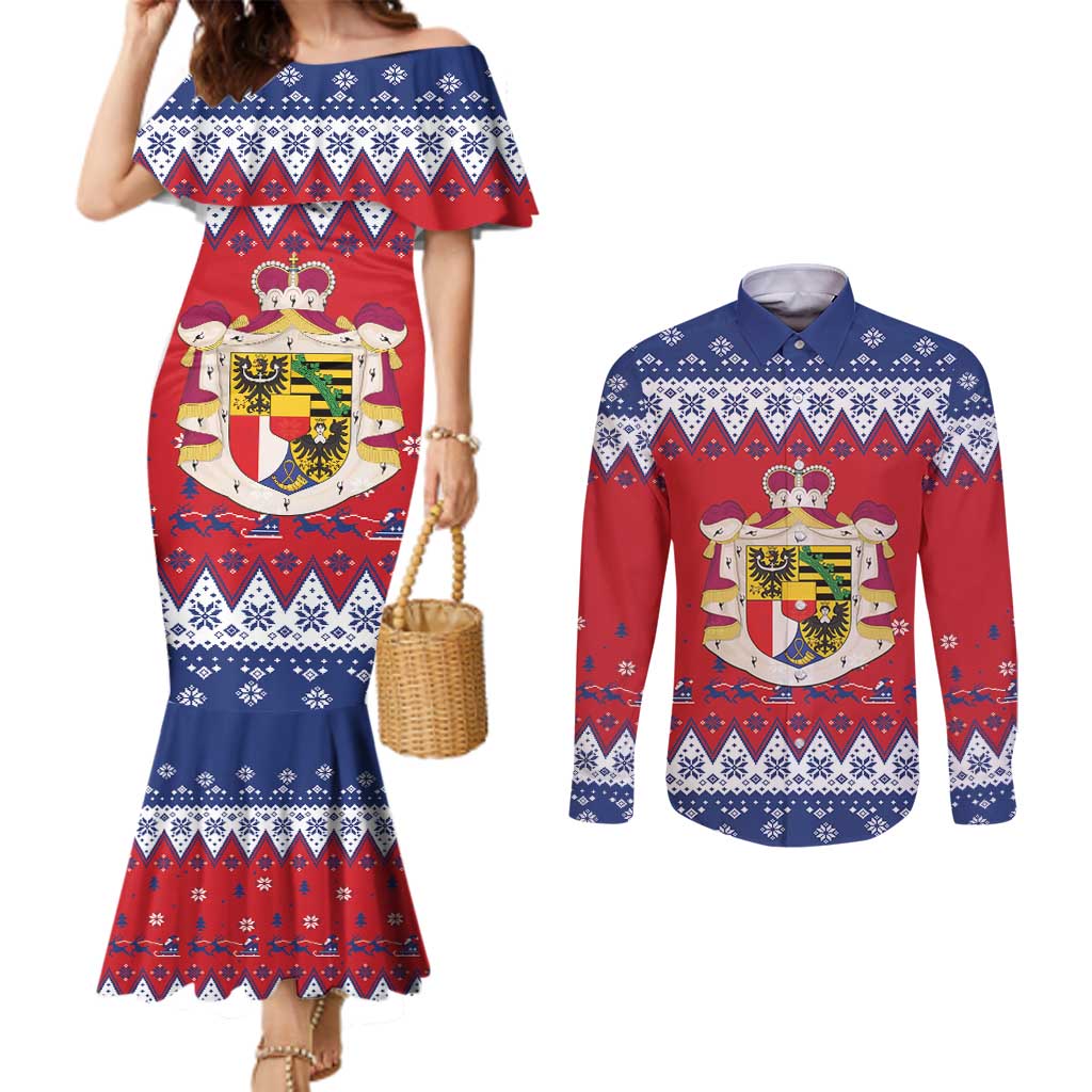 Liechtenstein Christmas Couples Matching Mermaid Dress and Long Sleeve Button Shirt Coat Of Arms Frohe Weihnachten - Wonder Print Shop