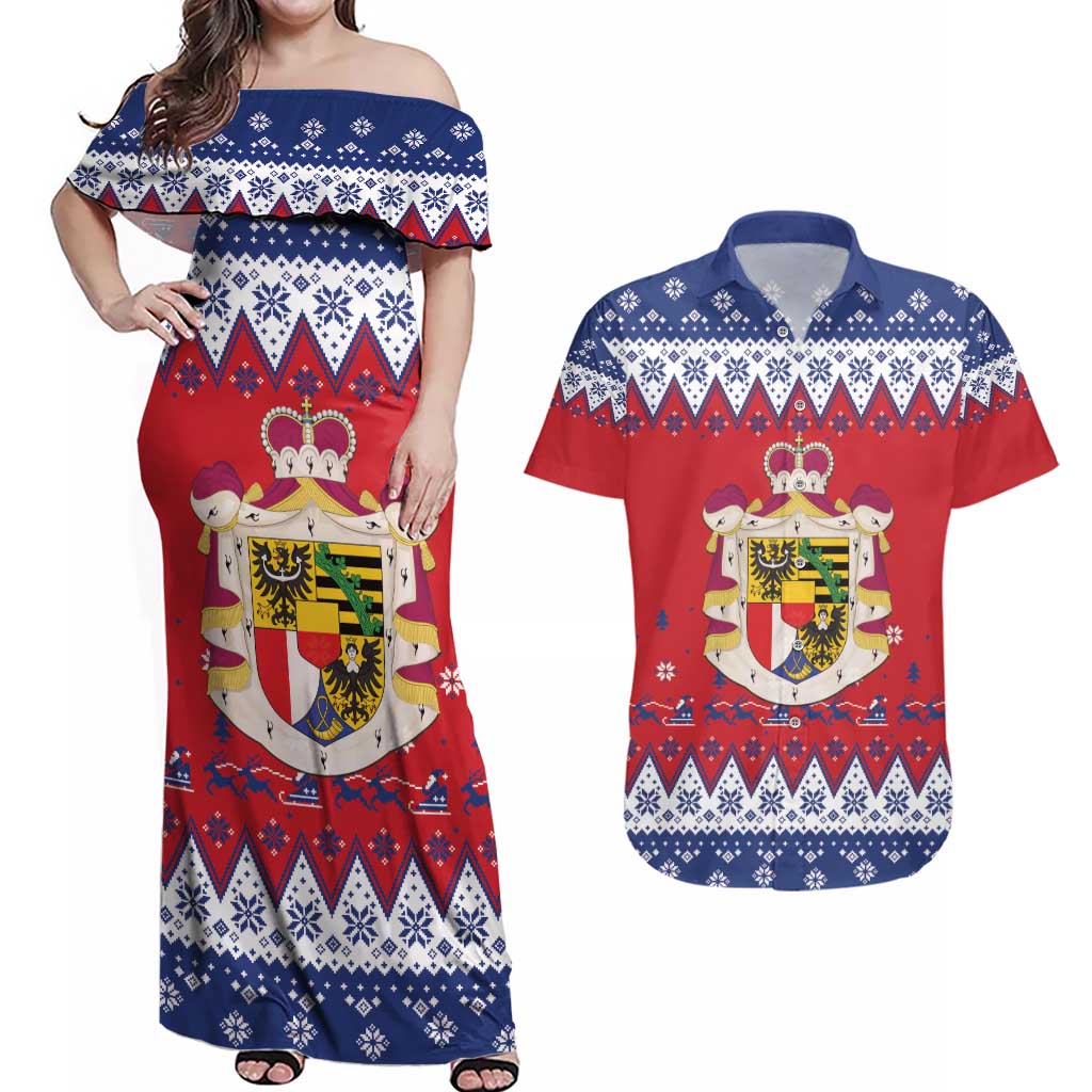 Liechtenstein Christmas Couples Matching Off Shoulder Maxi Dress and Hawaiian Shirt Coat Of Arms Frohe Weihnachten - Wonder Print Shop