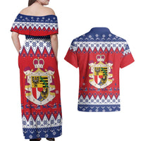 Liechtenstein Christmas Couples Matching Off Shoulder Maxi Dress and Hawaiian Shirt Coat Of Arms Frohe Weihnachten - Wonder Print Shop