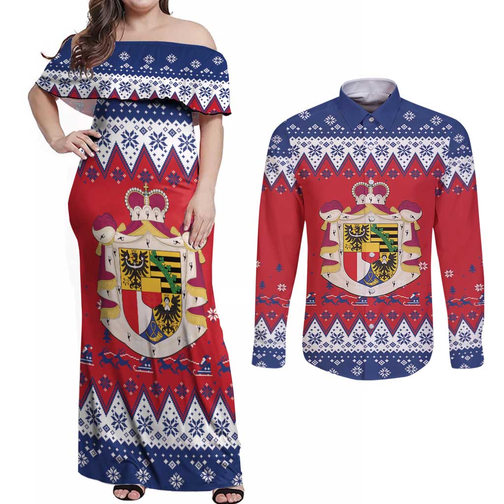 Liechtenstein Christmas Couples Matching Off Shoulder Maxi Dress and Long Sleeve Button Shirt Coat Of Arms Frohe Weihnachten - Wonder Print Shop
