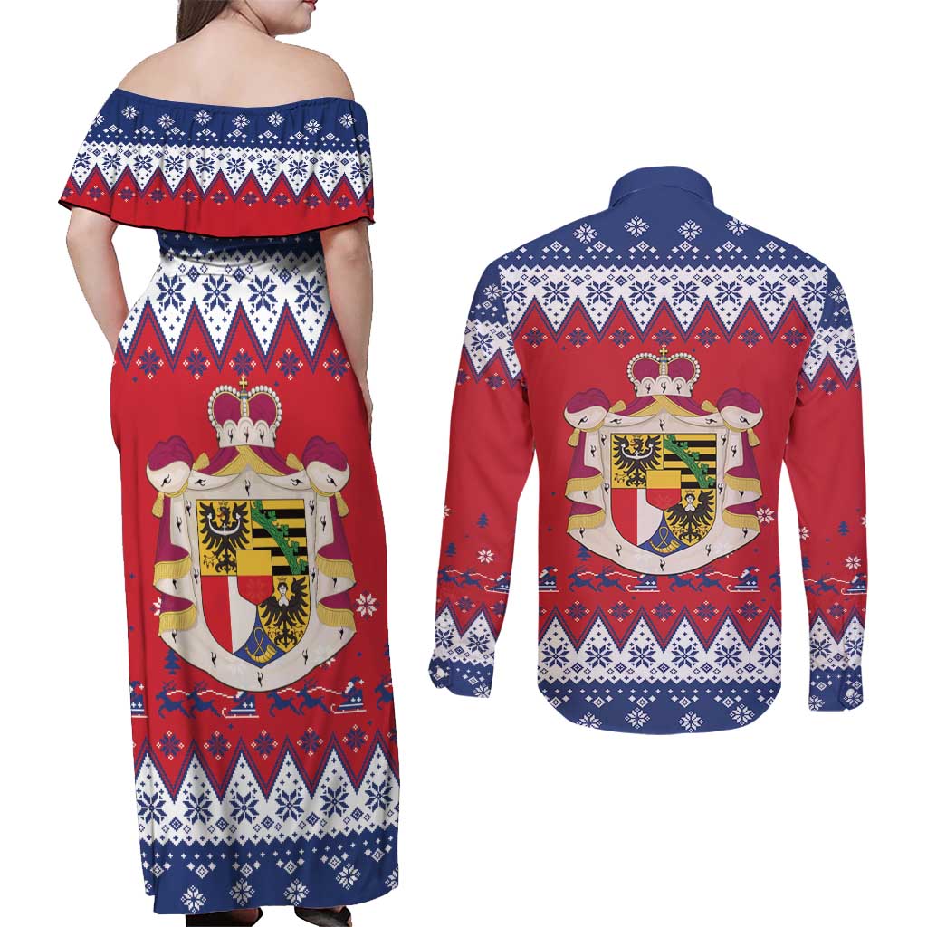 Liechtenstein Christmas Couples Matching Off Shoulder Maxi Dress and Long Sleeve Button Shirt Coat Of Arms Frohe Weihnachten - Wonder Print Shop
