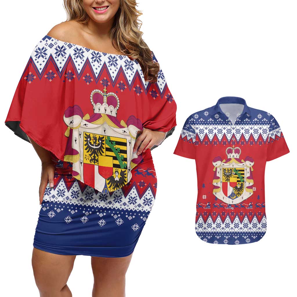 Liechtenstein Christmas Couples Matching Off Shoulder Short Dress and Hawaiian Shirt Coat Of Arms Frohe Weihnachten - Wonder Print Shop