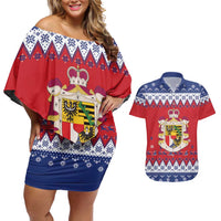 Liechtenstein Christmas Couples Matching Off Shoulder Short Dress and Hawaiian Shirt Coat Of Arms Frohe Weihnachten - Wonder Print Shop
