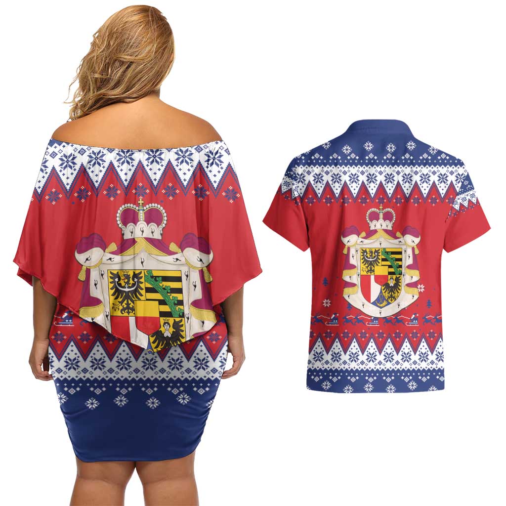 Liechtenstein Christmas Couples Matching Off Shoulder Short Dress and Hawaiian Shirt Coat Of Arms Frohe Weihnachten - Wonder Print Shop