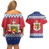 Liechtenstein Christmas Couples Matching Off Shoulder Short Dress and Hawaiian Shirt Coat Of Arms Frohe Weihnachten - Wonder Print Shop