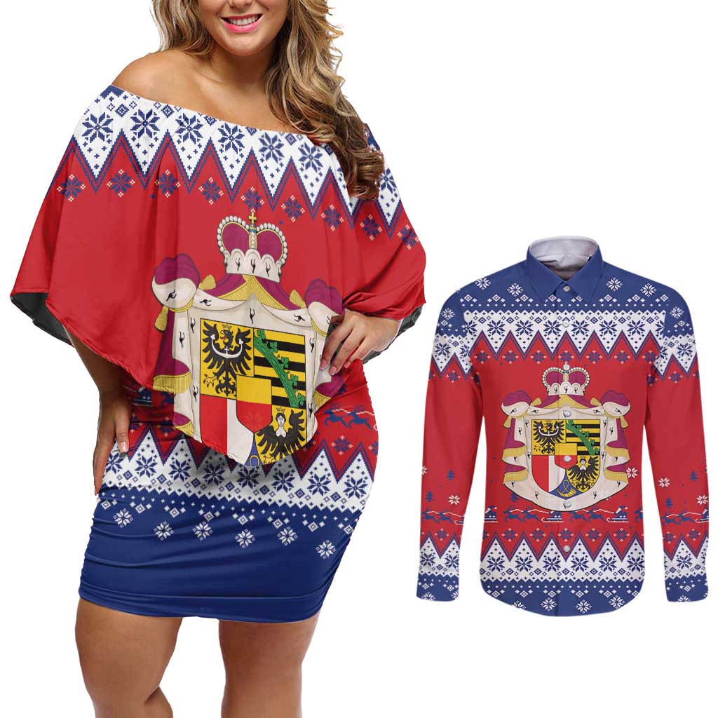 Liechtenstein Christmas Couples Matching Off Shoulder Short Dress and Long Sleeve Button Shirt Coat Of Arms Frohe Weihnachten - Wonder Print Shop