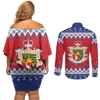 Liechtenstein Christmas Couples Matching Off Shoulder Short Dress and Long Sleeve Button Shirt Coat Of Arms Frohe Weihnachten - Wonder Print Shop