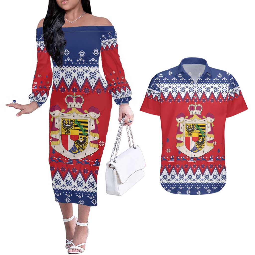 Liechtenstein Christmas Couples Matching Off The Shoulder Long Sleeve Dress and Hawaiian Shirt Coat Of Arms Frohe Weihnachten - Wonder Print Shop