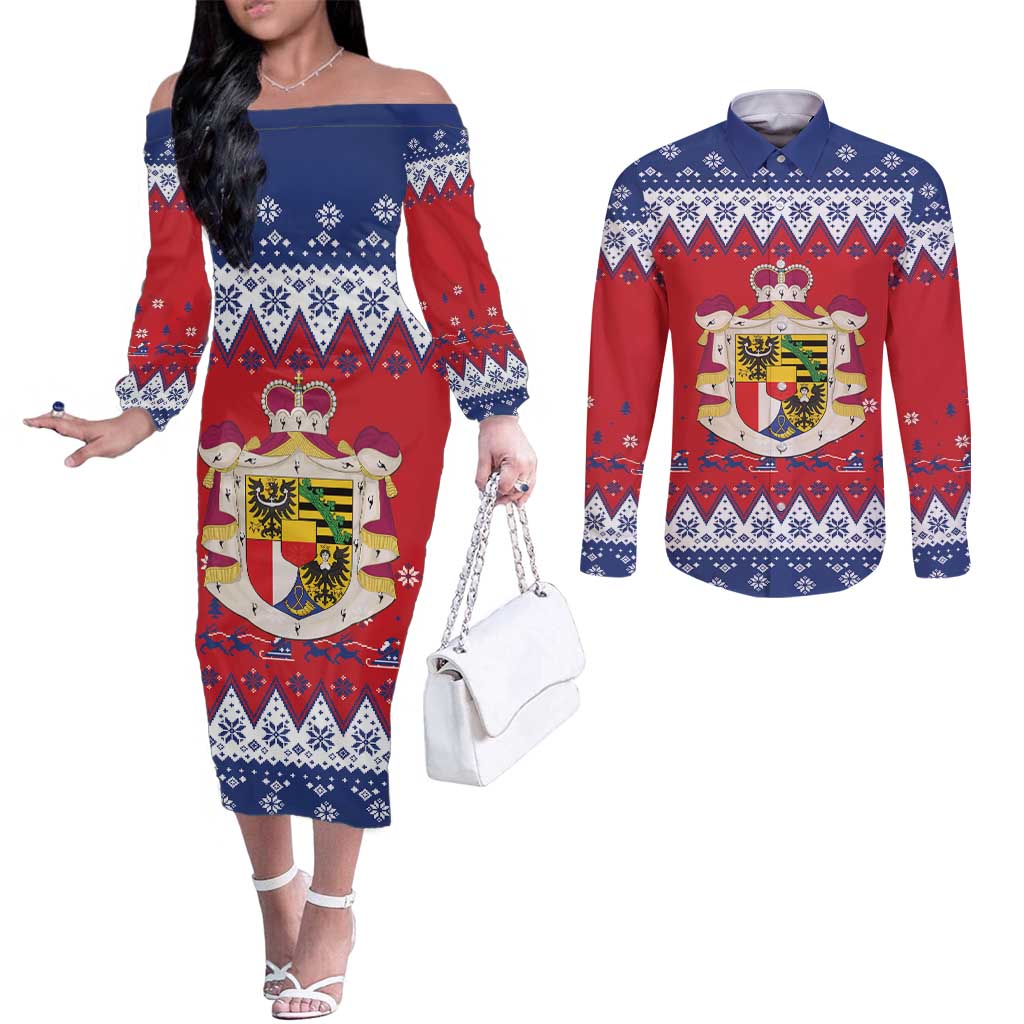 Liechtenstein Christmas Couples Matching Off The Shoulder Long Sleeve Dress and Long Sleeve Button Shirt Coat Of Arms Frohe Weihnachten - Wonder Print Shop