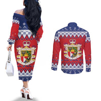 Liechtenstein Christmas Couples Matching Off The Shoulder Long Sleeve Dress and Long Sleeve Button Shirt Coat Of Arms Frohe Weihnachten - Wonder Print Shop
