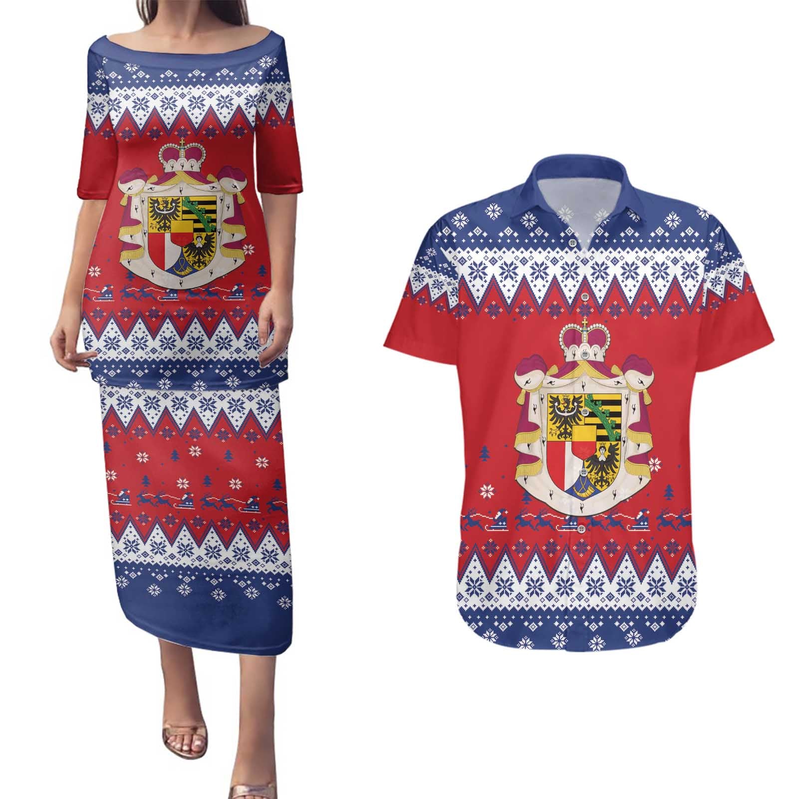 Liechtenstein Christmas Couples Matching Puletasi and Hawaiian Shirt Coat Of Arms Frohe Weihnachten - Wonder Print Shop