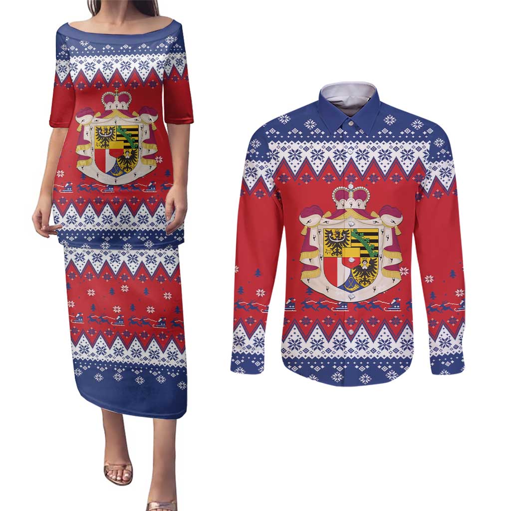 Liechtenstein Christmas Couples Matching Puletasi and Long Sleeve Button Shirt Coat Of Arms Frohe Weihnachten - Wonder Print Shop